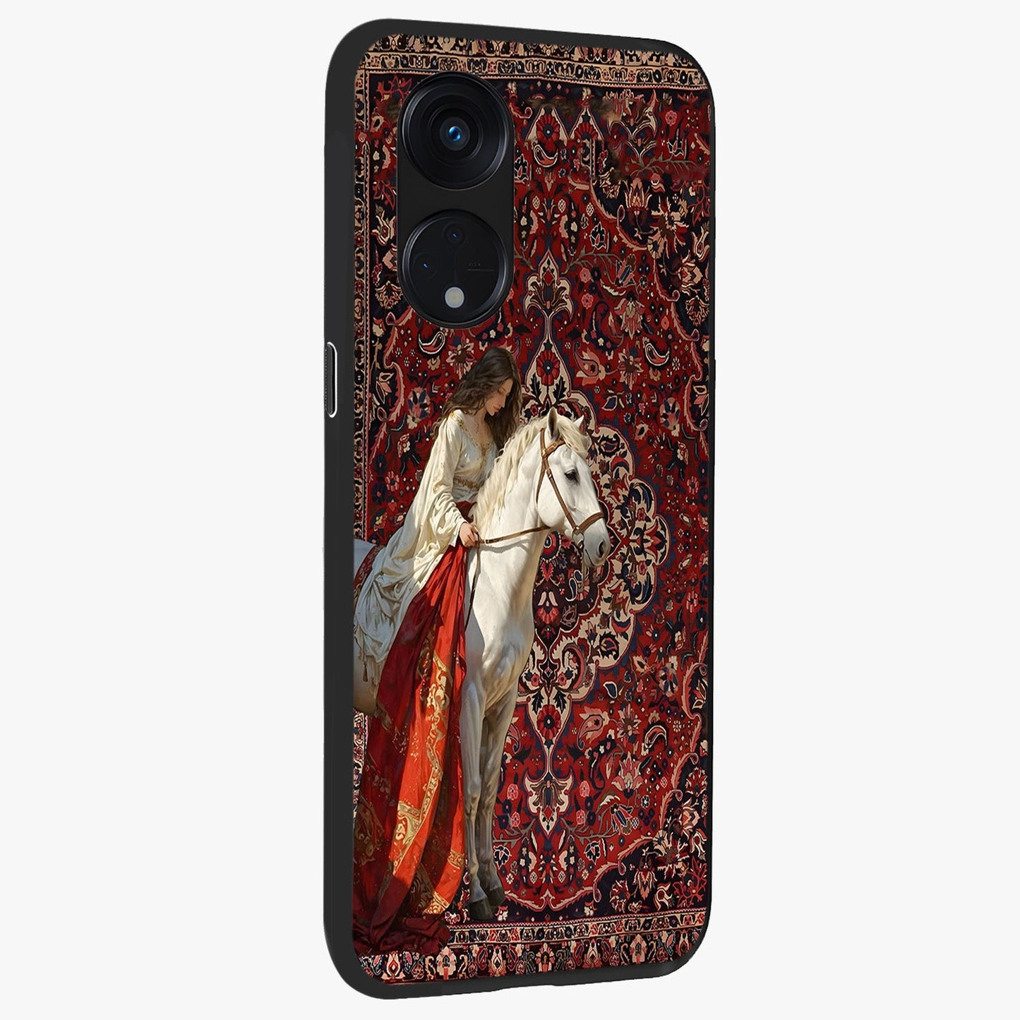 Royal Rider Tapestry Glass Case upright view showcasing detailed rider artwork with classic tapestry theme.