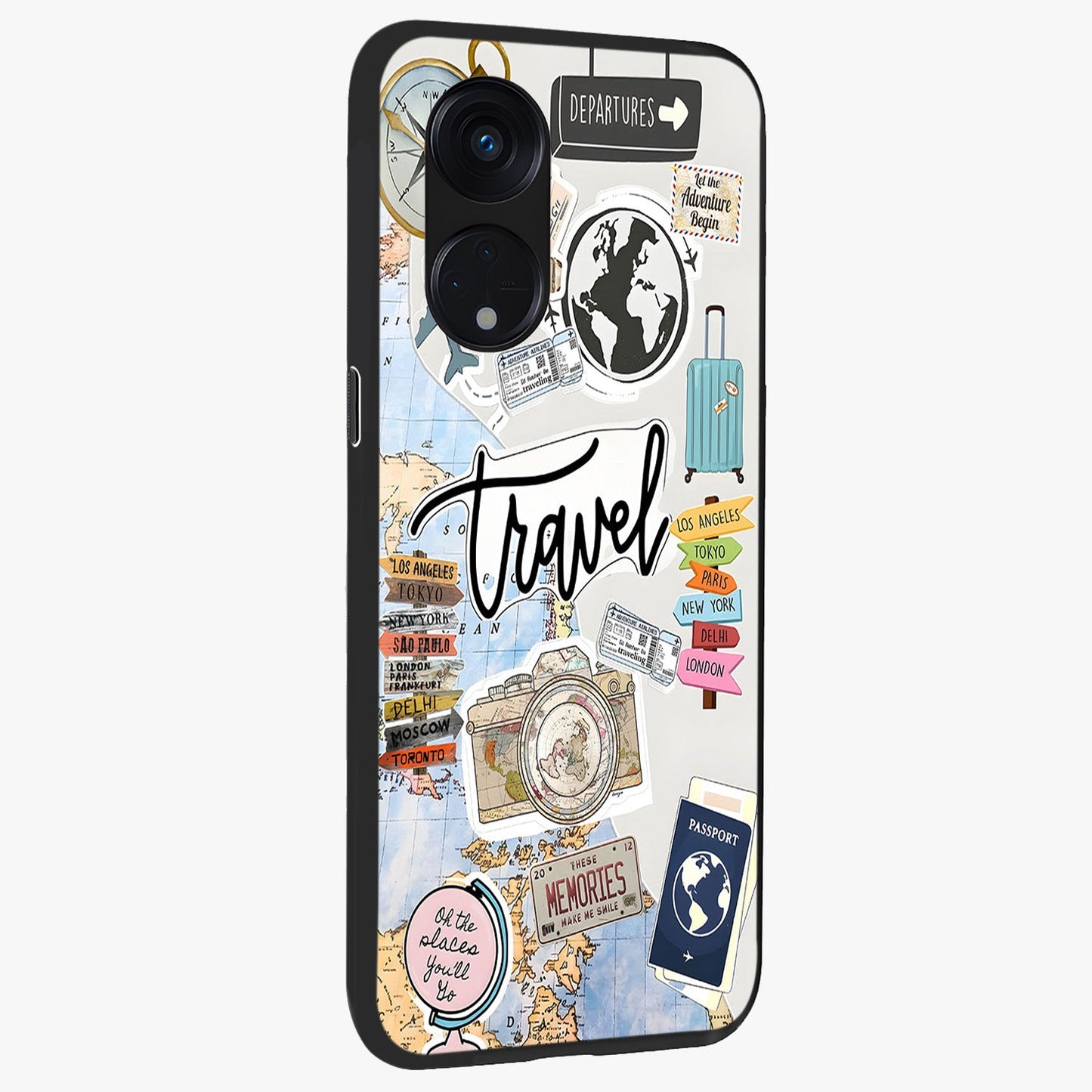 Wanderlust Journal Glass Case upright view showcasing wanderlust inspired artwork with creative exploration theme.