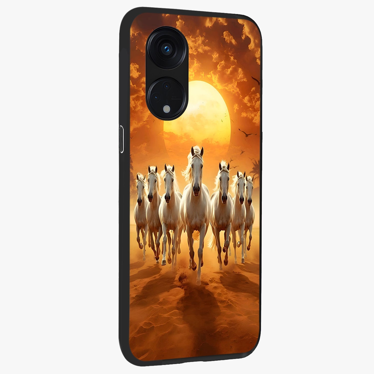 Wild Sunset Majesty Glass Case upright view showcasing dramatic sunset artwork with bold nature theme.