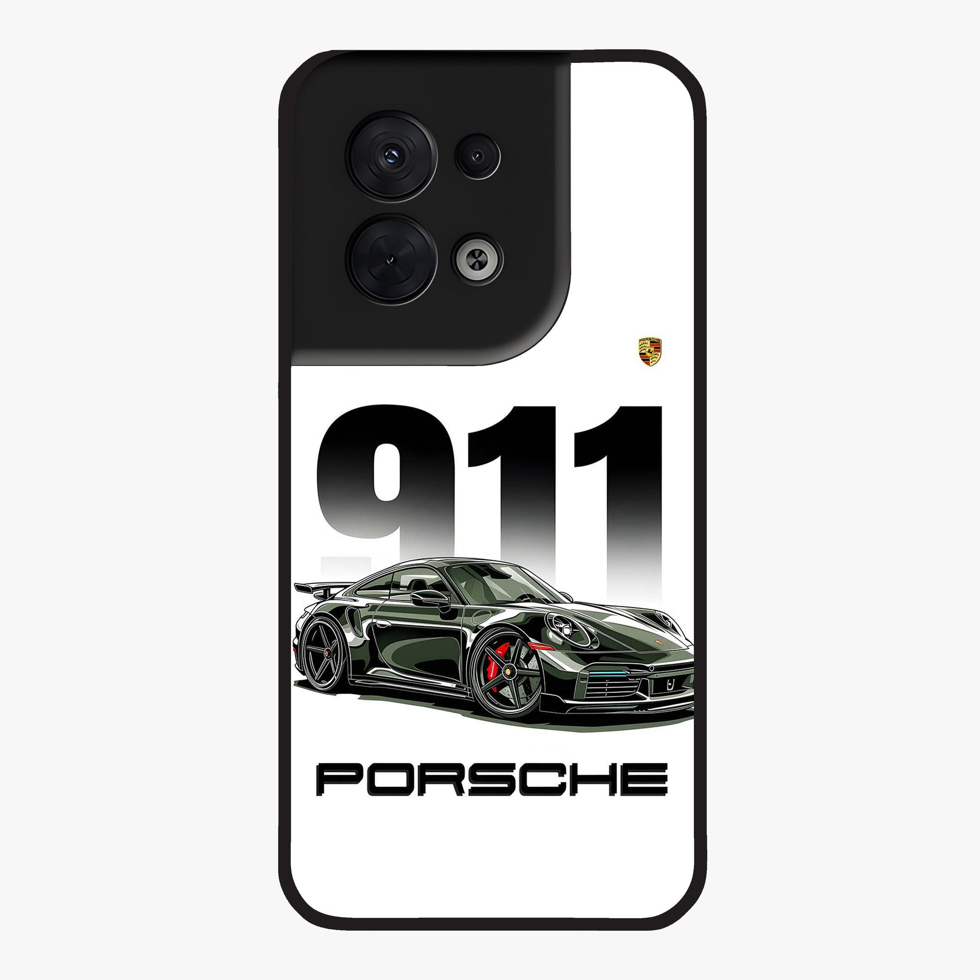911 Turbo Dominance Glass Case showing clean flat back view with bold 911 sports car artwork and glossy glass finish.