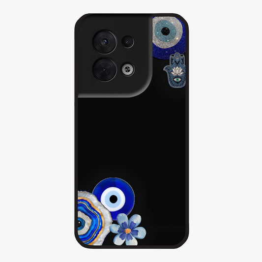 Aesthetic Blue Evil Eye Glass Case showing flat back view with protective evil eye artwork and glossy glass finish.