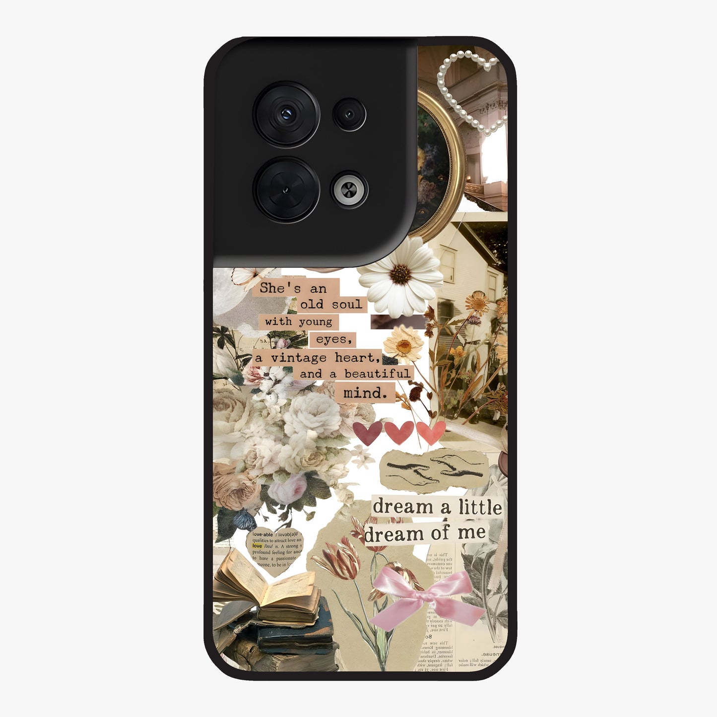Aesthetic Brown Vintage Collage Glass Case showing flat back view with retro collage artwork and glossy glass finish.