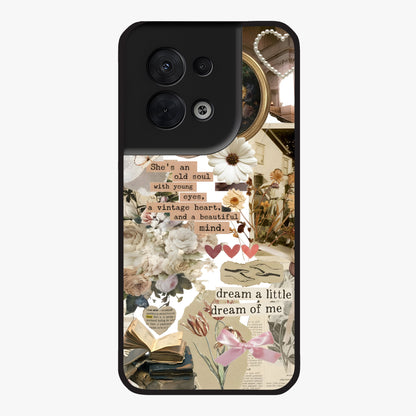 Aesthetic Brown Vintage Collage Glass Case showing flat back view with retro collage artwork and glossy glass finish.