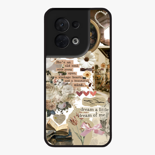 Aesthetic Brown Vintage Collage Glass Case showing flat back view with retro collage artwork and glossy glass finish.