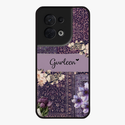 Antique Floral Whisper Custom Name Glass Case showing flat back view with vintage floral artwork and personalized name design.