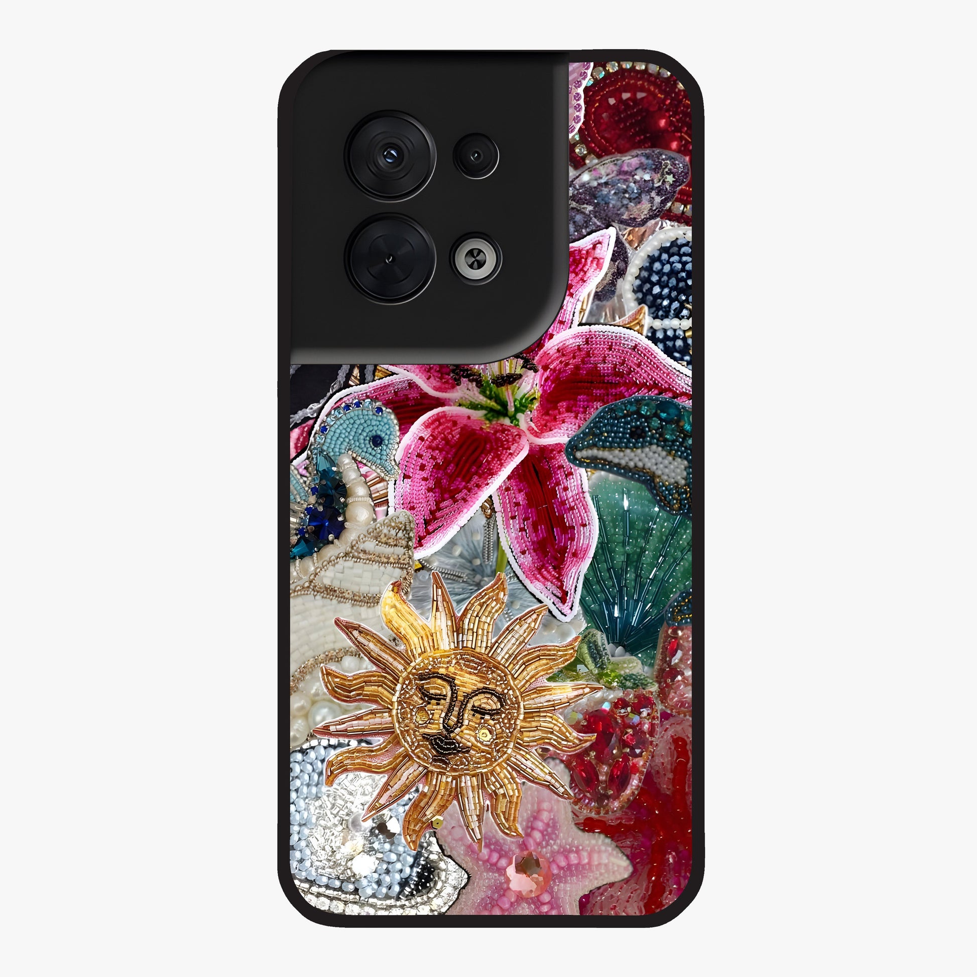 Beaded Garden Fantasy Glass Case showing flat back view with dreamy garden bead artwork and glossy glass finish.