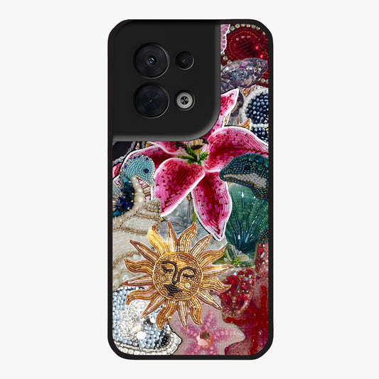 Beaded Garden Fantasy Glass Case showing flat back view with dreamy garden bead artwork and glossy glass finish.