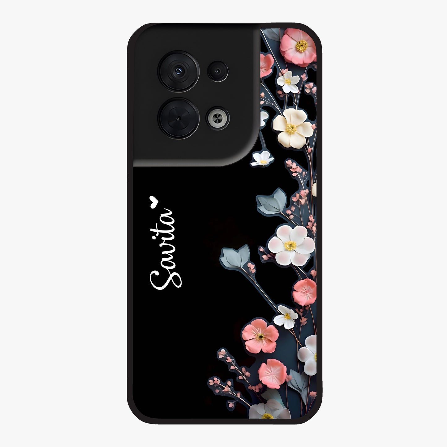 Black Elegance Floral Custom Name Glass Case showing flat back view with elegant floral artwork and personalized name design.