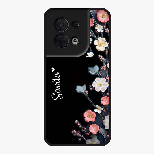 Black Elegance Floral Custom Name Glass Case showing flat back view with elegant floral artwork and personalized name design.