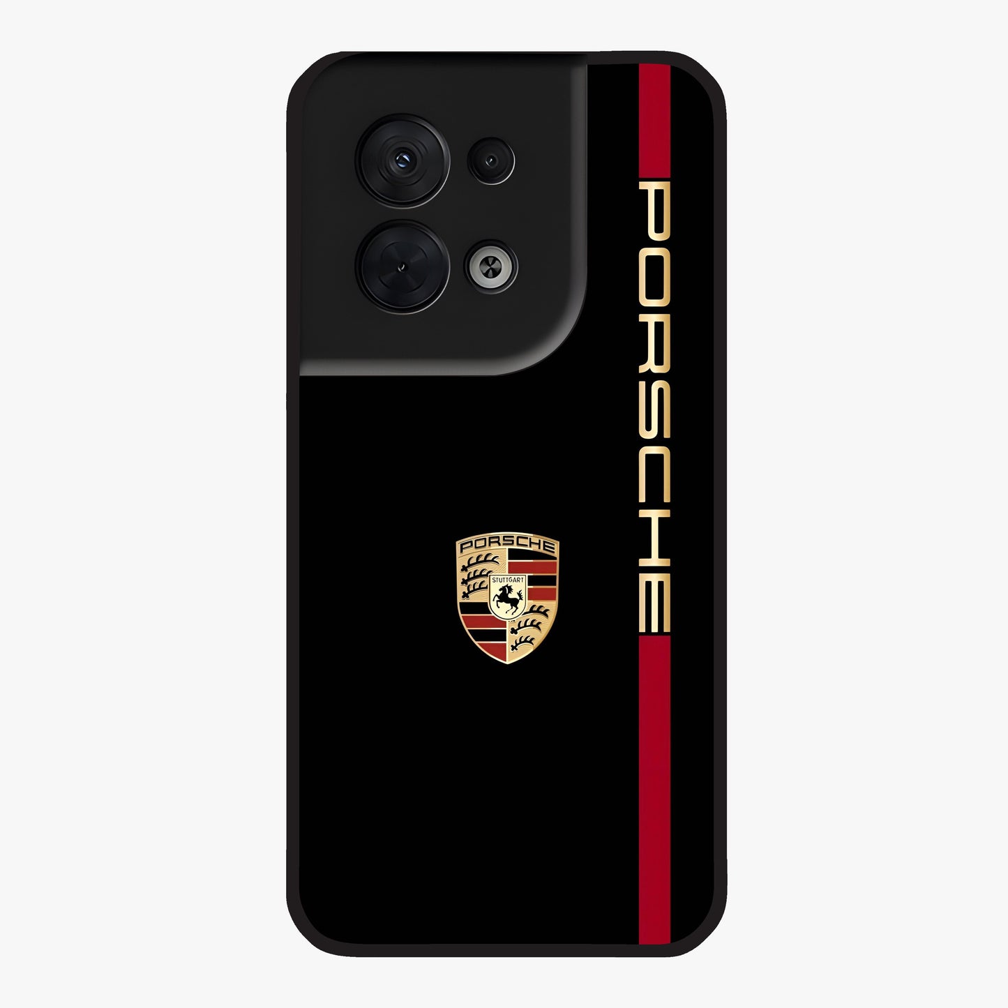 Black Minimal Porsche Glass Case showing flat back view with sleek minimal sports car artwork and glossy glass finish.