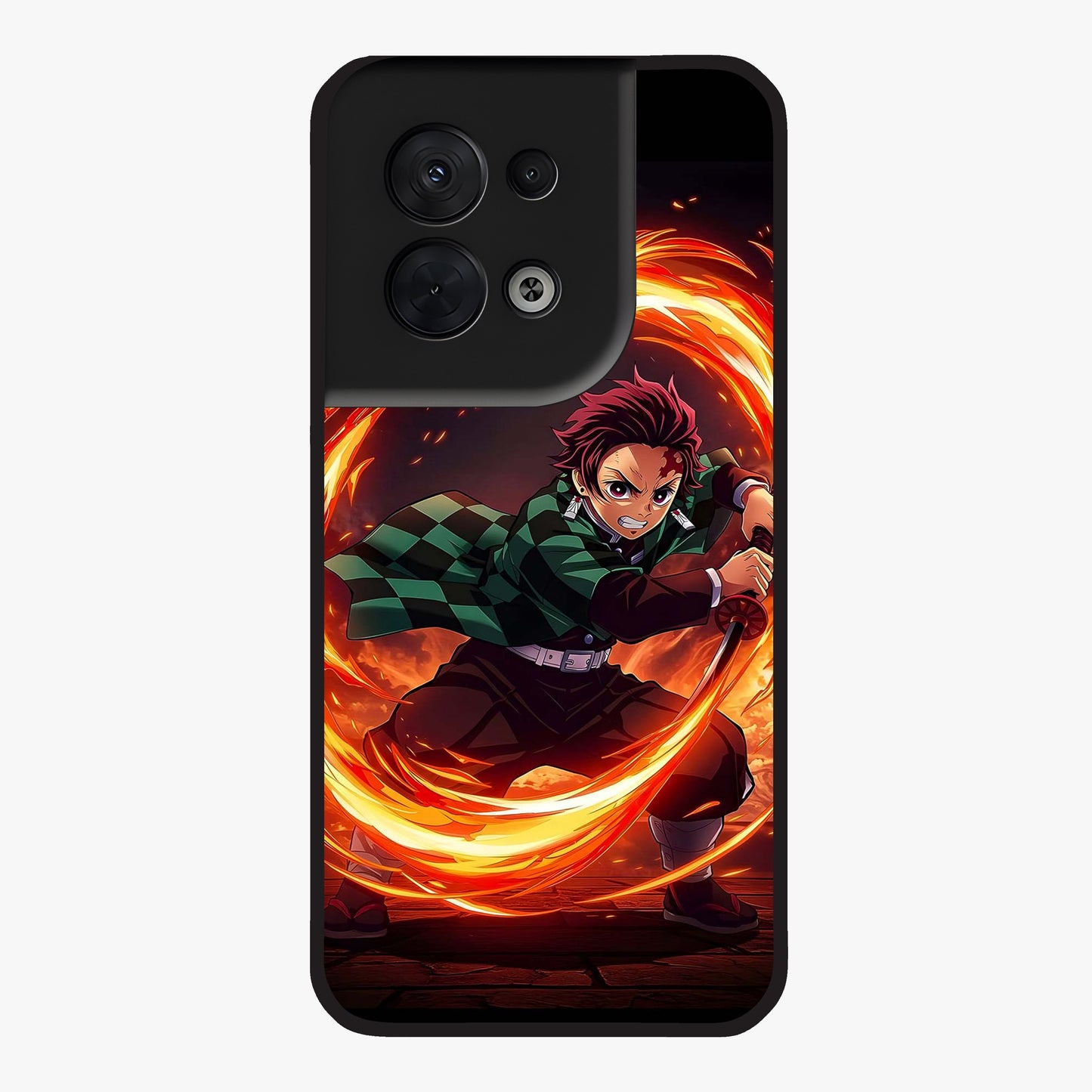 Blazing Sword Resolve Glass Case showing flat back view with fiery sword artwork and glossy glass finish.