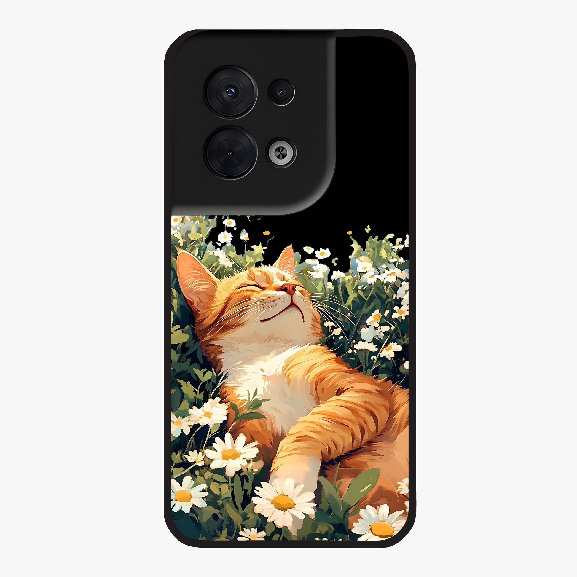 Blissful Bloom Cat Glass Case showing flat back view with cute cat and floral bloom artwork and glossy glass finish.