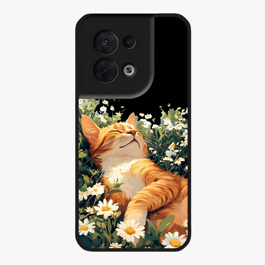 Blissful Bloom Cat Glass Case showing flat back view with cute cat and floral bloom artwork and glossy glass finish.