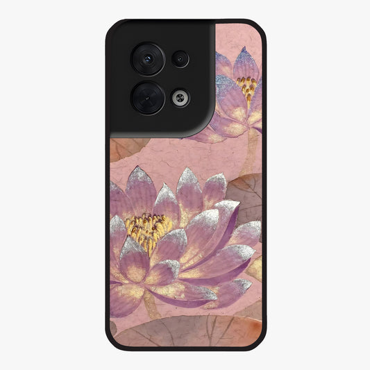 Blossom Mist Lotus Glass Case showing flat back view with serene lotus blossom artwork and glossy glass finish.