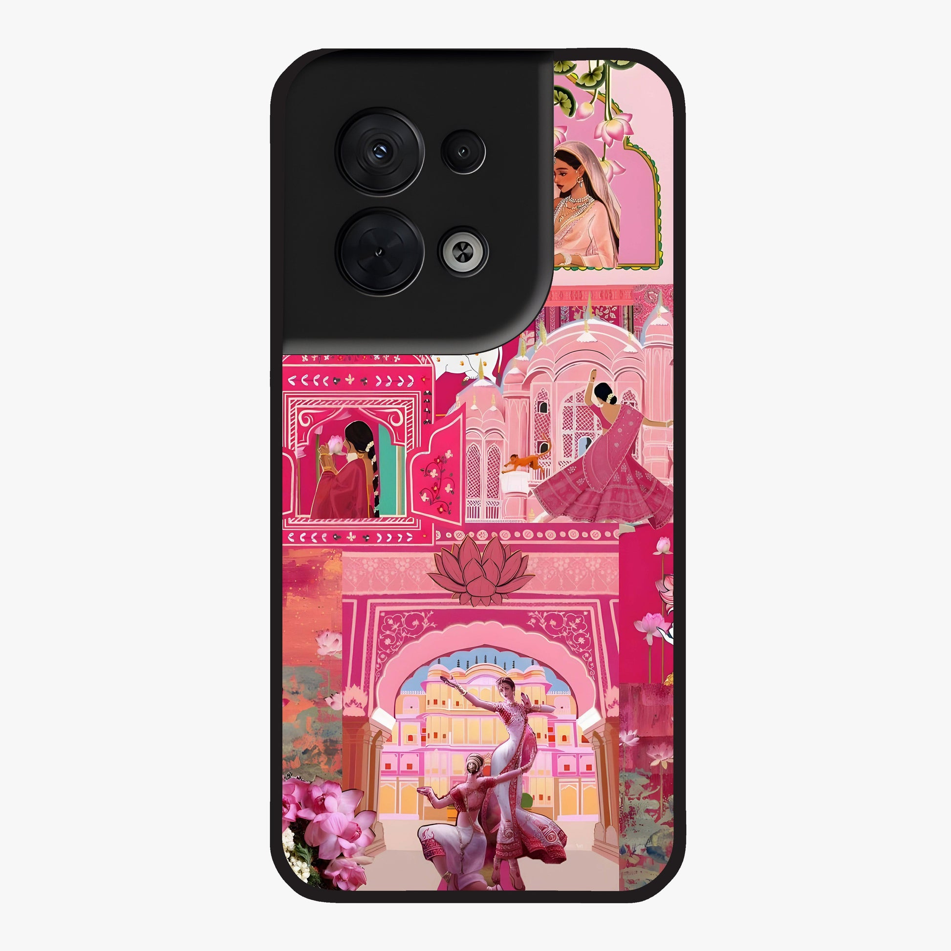 Blossoms of Rajasthan Glass Case showing flat back view with traditional floral artwork inspired by Rajasthan and glossy glass finish.