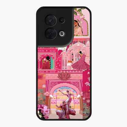Blossoms of Rajasthan Glass Case showing flat back view with traditional floral artwork inspired by Rajasthan and glossy glass finish.