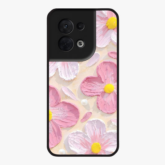 Blush Bloom Texture Glass Case showing flat back view with soft blush floral texture artwork and glossy glass finish.