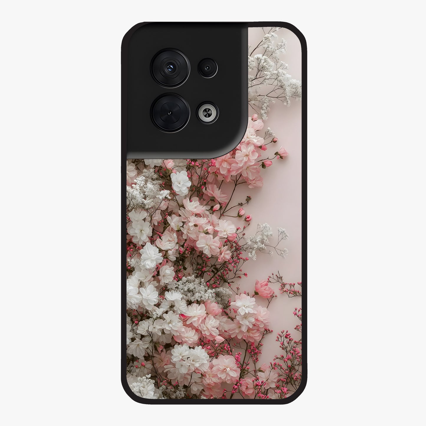 Blush Blossom Cloud Glass Case showing flat back view with dreamy blush cloud blossom artwork and glossy glass finish.