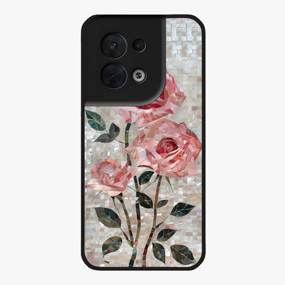 Blush Mosaic Bloom Glass Case showing flat back view with mosaic floral bloom artwork and glossy glass finish.