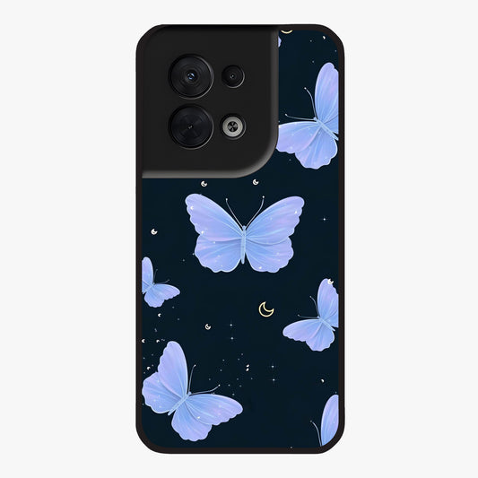 Butterfly With Stars Pattern Glass Case showing flat back view with butterfly and star pattern artwork and glossy glass finish.