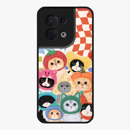 Cats in Fruits Glass Case showing flat back view with playful cat illustrations inside fruit artwork and glossy glass finish.