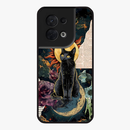 Celestial Black Cat Glass Case showing flat back view with mystical black cat artwork and glossy glass finish.