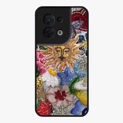 Celestial Floral and Playful Glass Case showing flat back view with floral and celestial themed artwork and glossy glass finish.