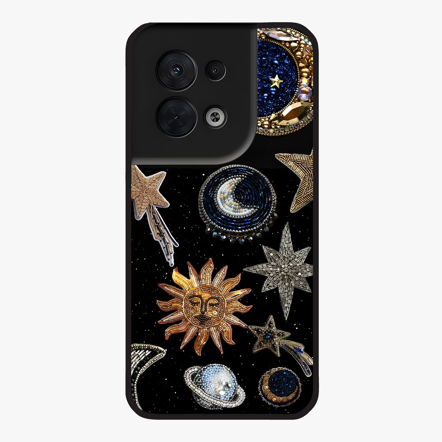 Celestial Gem Constellations Glass Case showing flat back view with sparkling constellation artwork and glossy glass finish.
