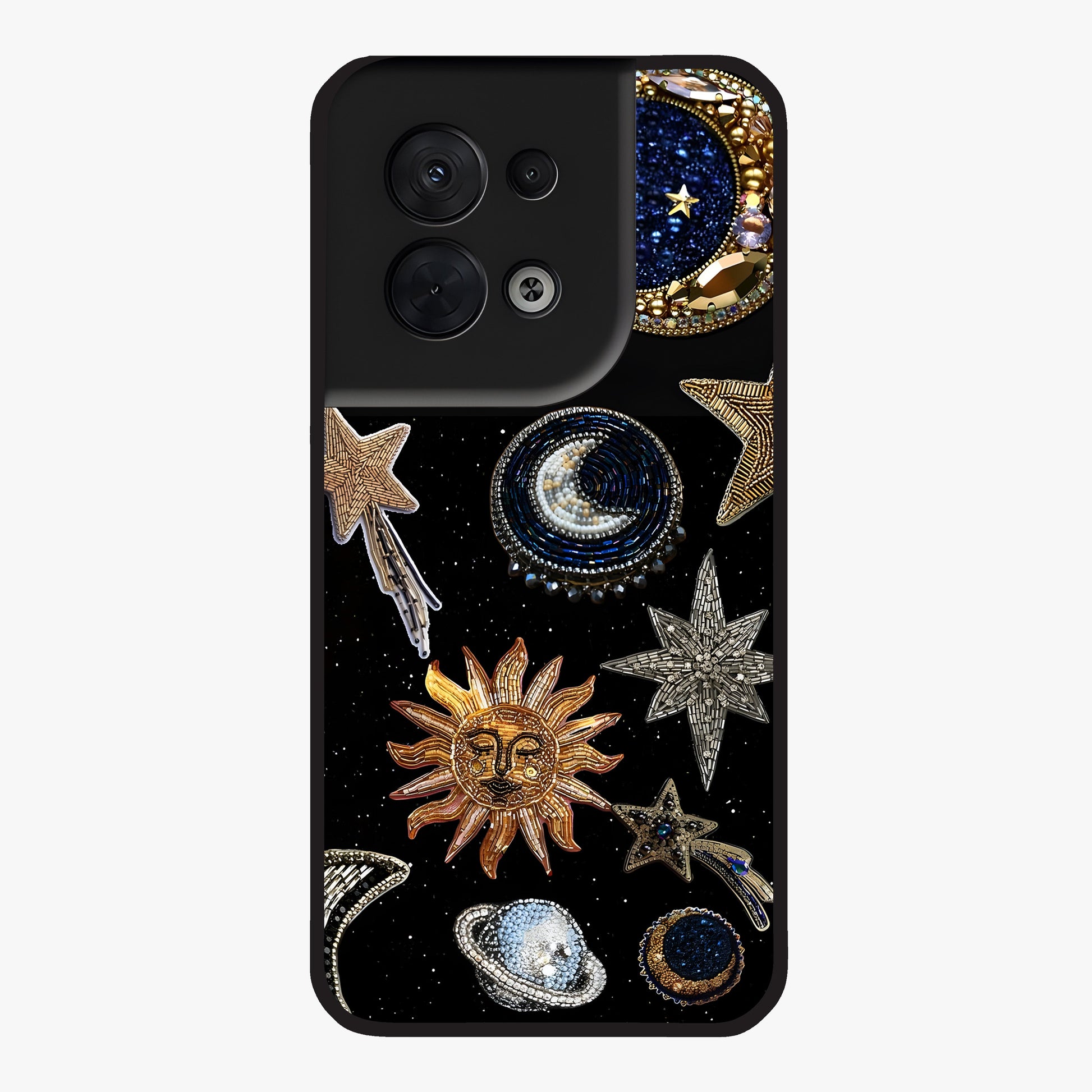 Celestial Gem Constellations Glass Case showing flat back view with sparkling constellation artwork and glossy glass finish.