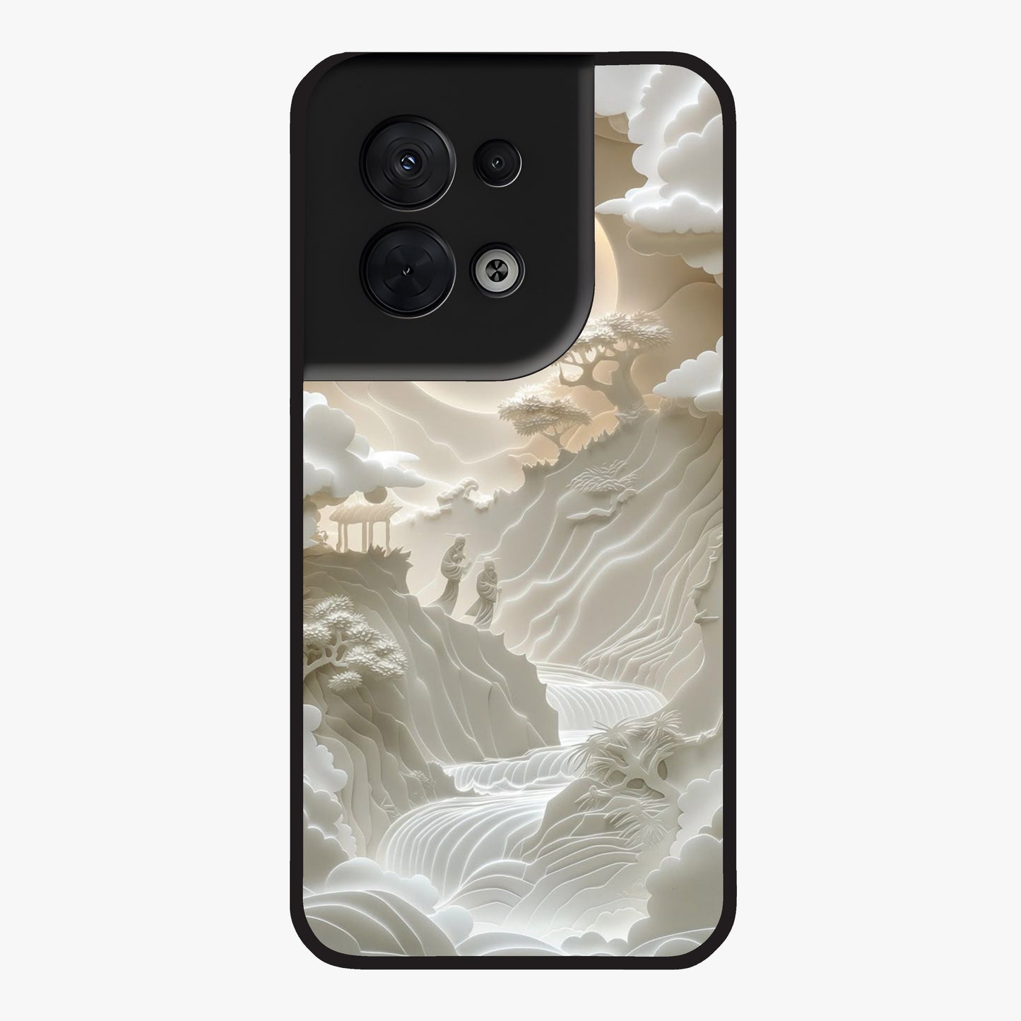 Celestial Origami Glass Case showing flat back view with artistic origami inspired celestial artwork and glossy glass finish.