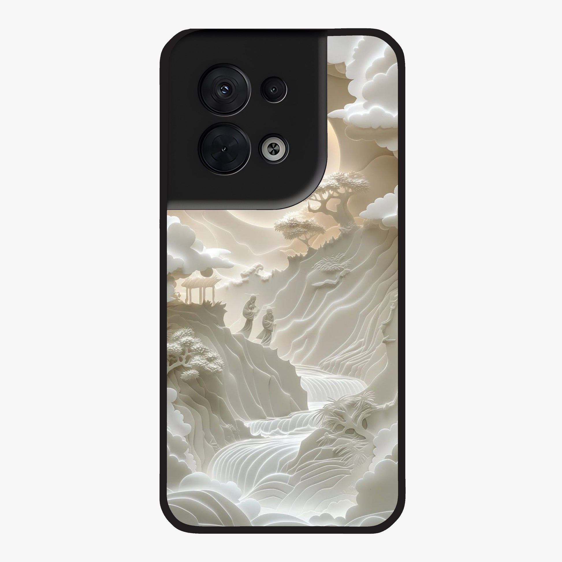Celestial Origami Glass Case showing flat back view with artistic origami inspired celestial artwork and glossy glass finish.