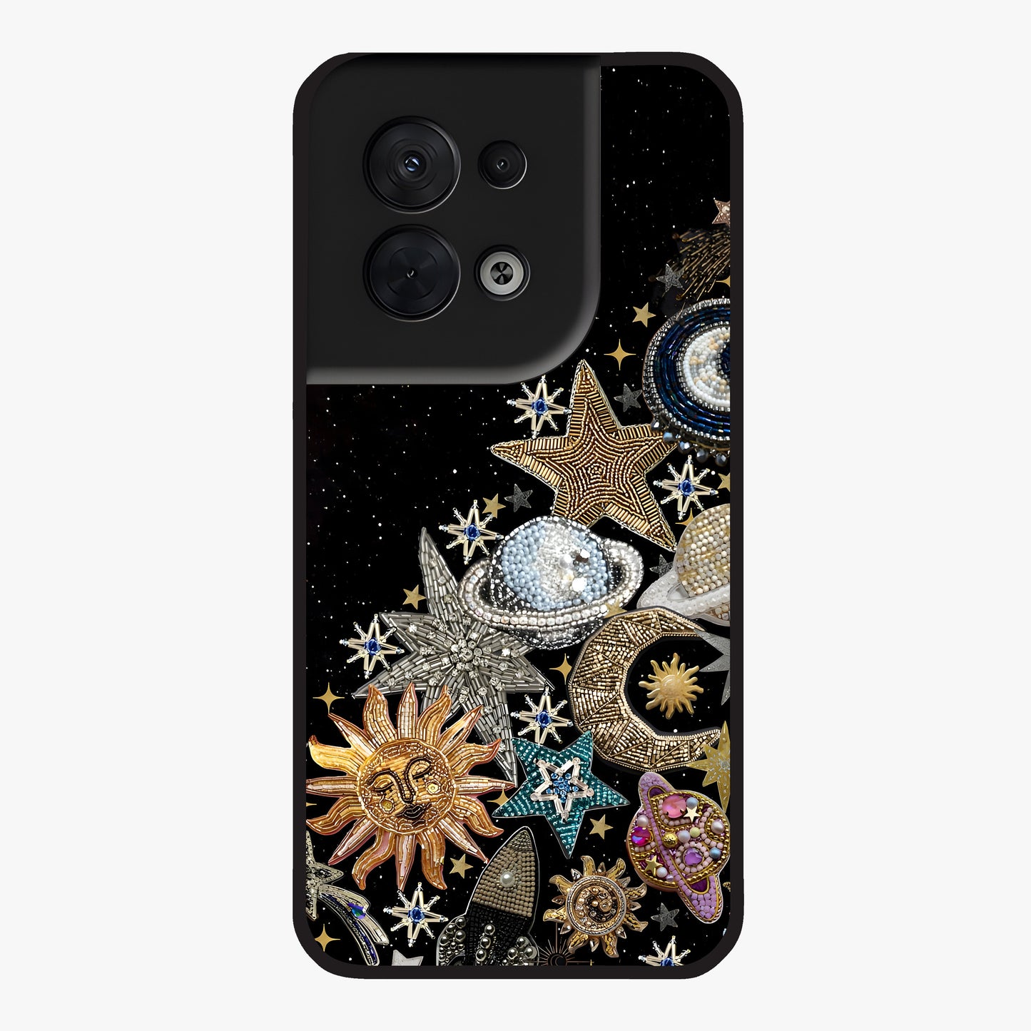 Cosmic Sparkle Dreams Glass Case showing flat back view with sparkling cosmic artwork and glossy glass finish.