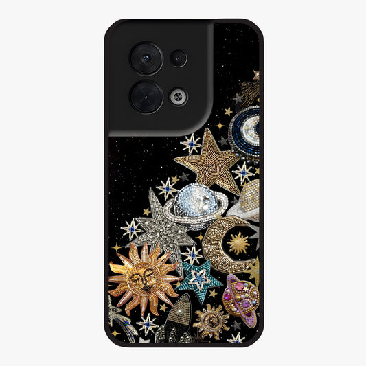 Cosmic Sparkle Dreams Glass Case showing flat back view with sparkling cosmic artwork and glossy glass finish.