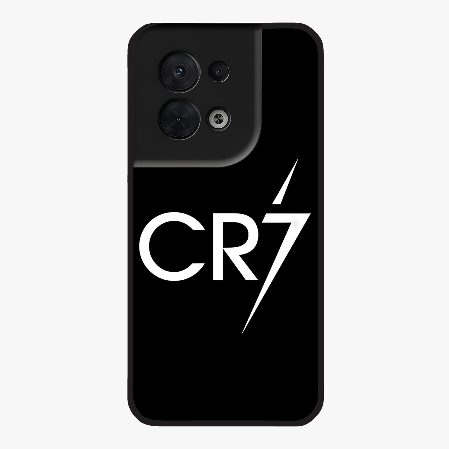 Cr7 Elite Strike Glass Case showing flat back view with dynamic football inspired artwork and glossy glass finish.