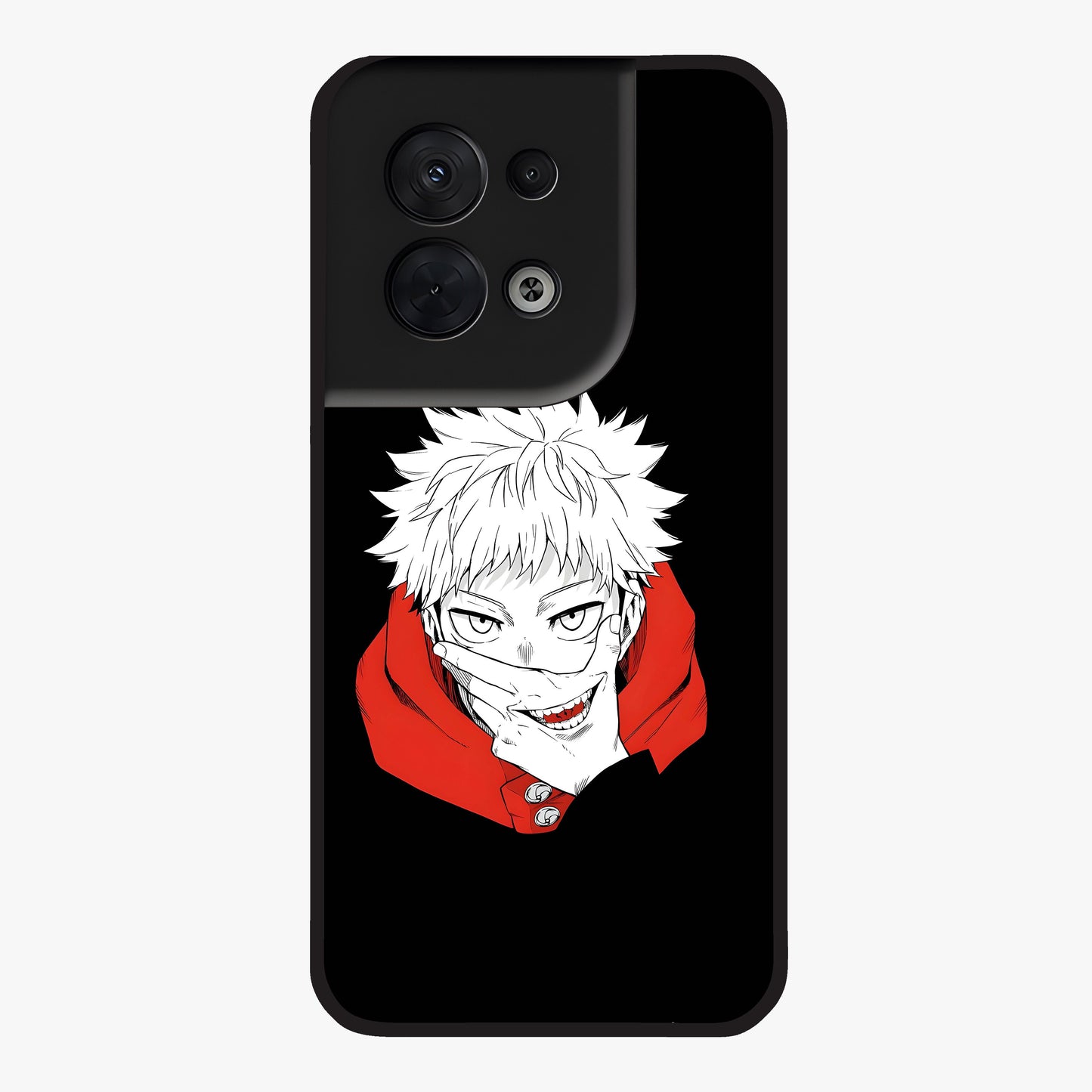 Crimson Chaos Smile Glass Case showing flat back view with bold chaotic smile artwork and glossy glass finish.