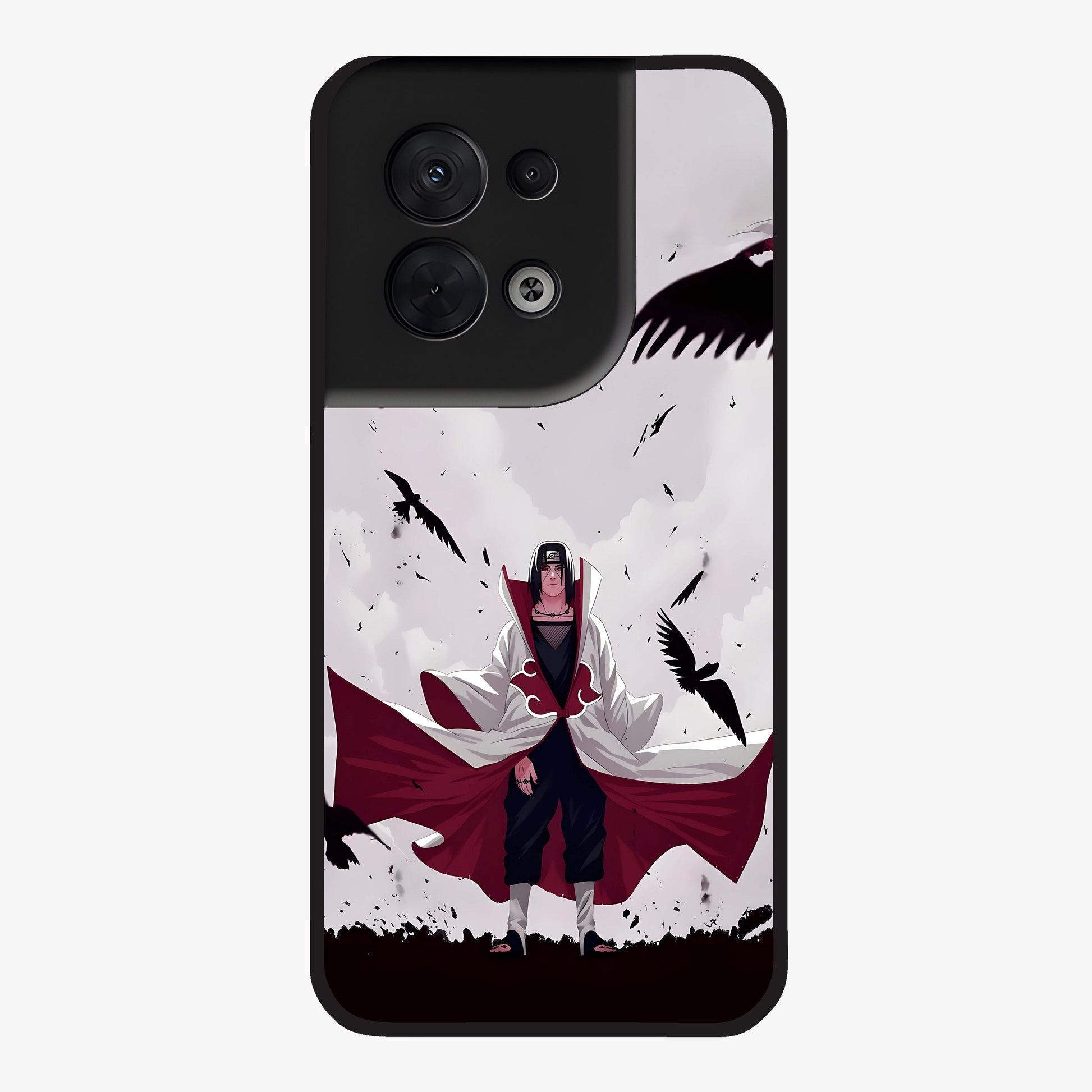 Crimson Crow Ascension Glass Case showing flat back view with mystical crow artwork and glossy glass finish.