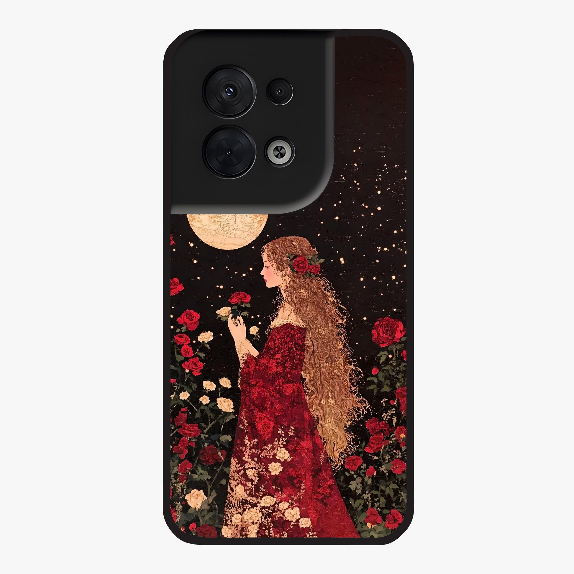 Crimson Dreams Glass Case showing flat back view with dreamy crimson artwork and glossy glass finish.