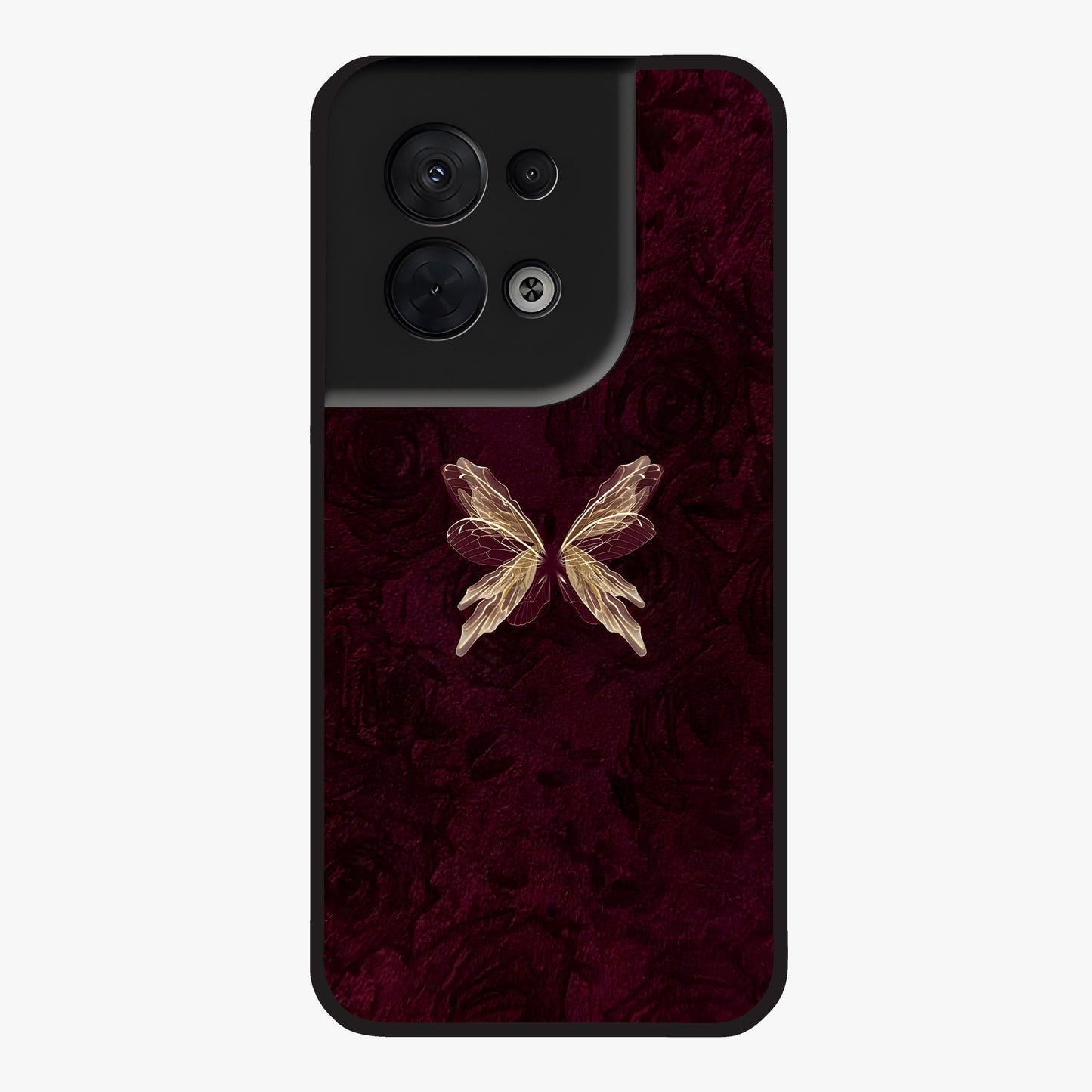 Crimson Fade Butterfly Glass Case showing flat back view with fading butterfly artwork and glossy glass finish.
