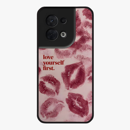 Crimson Kiss Love Glass Case showing flat back view with romantic crimson themed artwork and glossy glass finish.