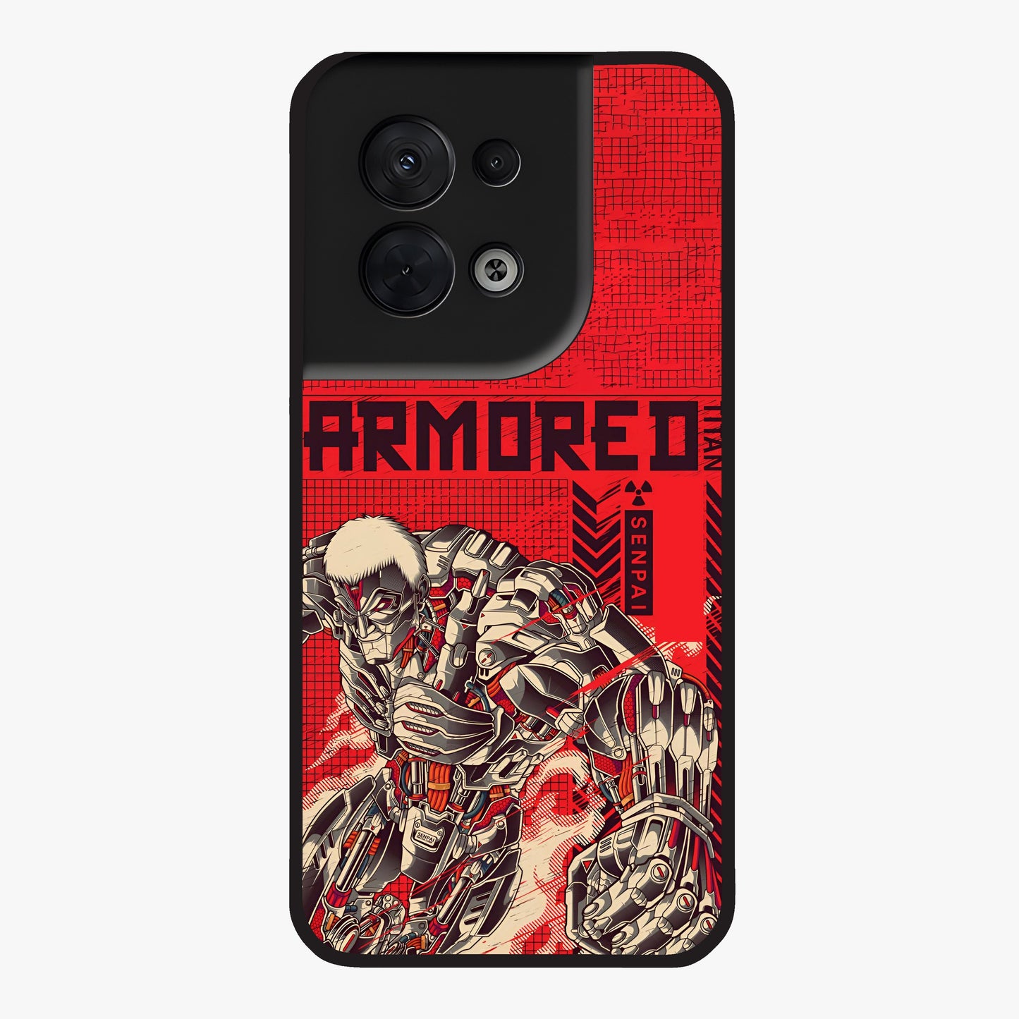 Crimson Mecha Titan Glass Case showing flat back view with powerful mech titan artwork and glossy glass finish.