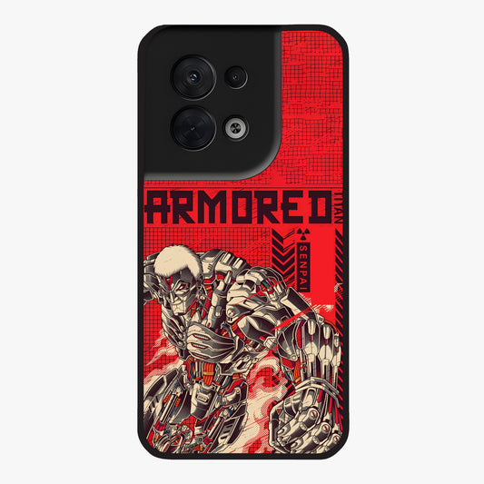 Crimson Mecha Titan Glass Case showing flat back view with powerful mech titan artwork and glossy glass finish.