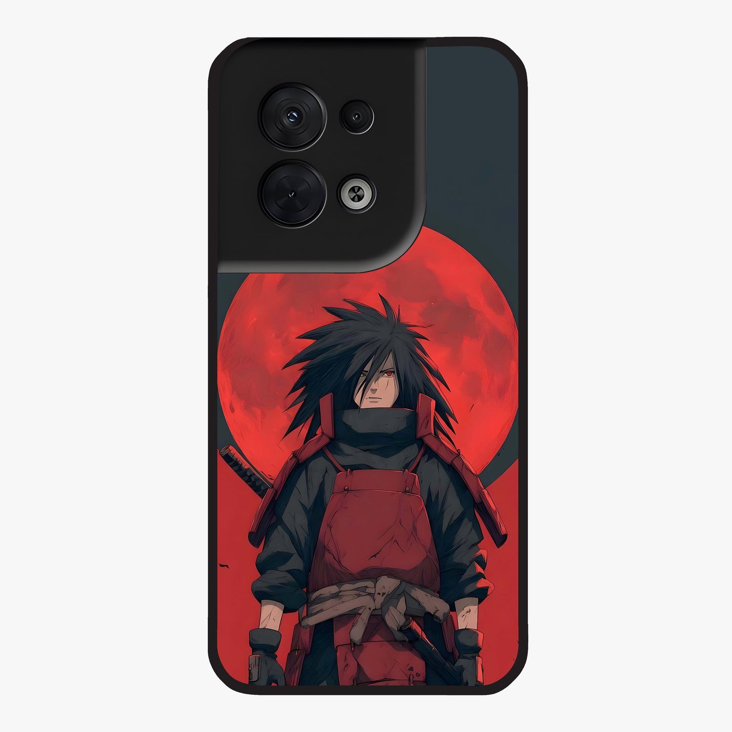 Crimson Moon Warlord Glass Case showing flat back view with mystical moon warrior artwork and glossy glass finish.