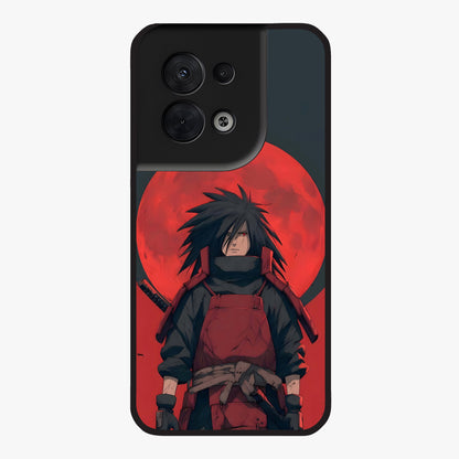 Crimson Moon Warlord Glass Case showing flat back view with mystical moon warrior artwork and glossy glass finish.