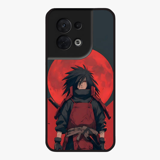 Crimson Moon Warlord Glass Case showing flat back view with mystical moon warrior artwork and glossy glass finish.