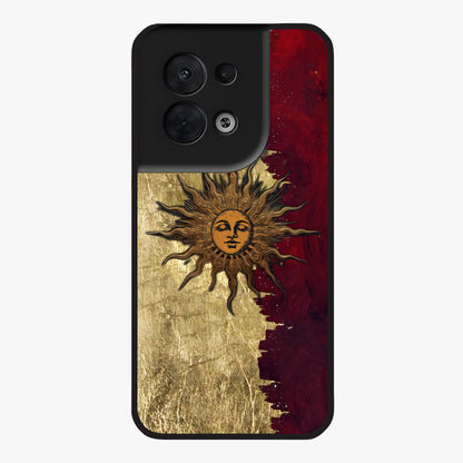 Crimson Sun Majesty Glass Case showing flat back view with radiant sun inspired artwork and glossy glass finish.