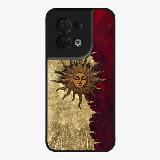 Crimson Sun Majesty Glass Case showing flat back view with radiant sun inspired artwork and glossy glass finish.