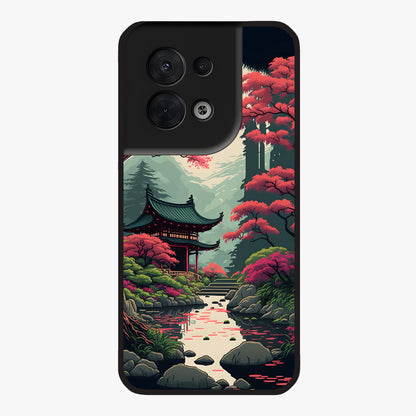 Crimson Temple View Glass Case showing flat back view with temple inspired artwork and glossy glass finish.