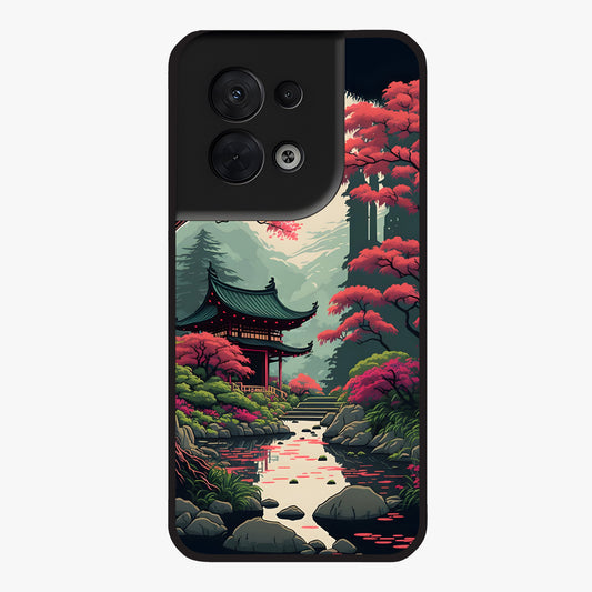 Crimson Temple View Glass Case showing flat back view with temple inspired artwork and glossy glass finish.