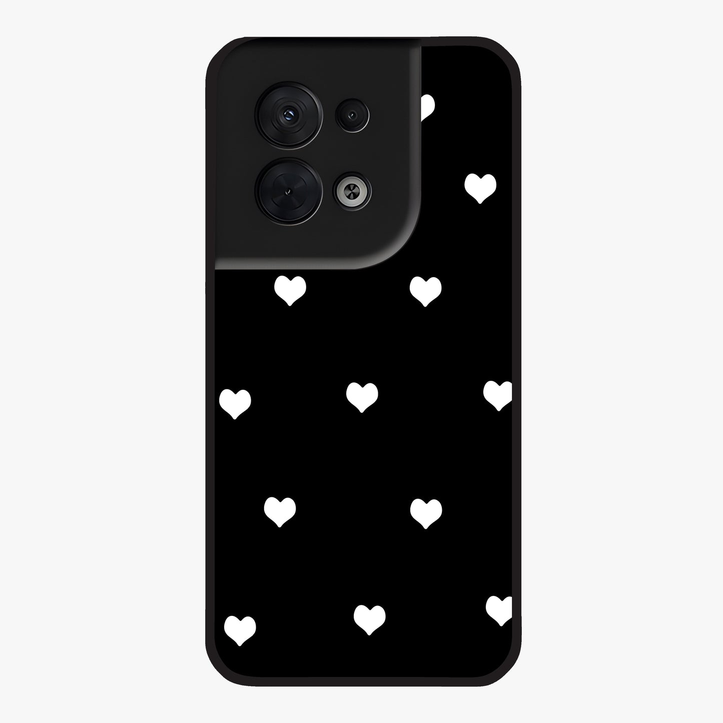 Cute And Simple White Hearts Glass Case showing flat back view with minimal white heart pattern and glossy glass finish.