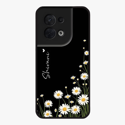 Daisy Cascade Custom Name Glass Case showing flat back view with cascading daisy flowers and personalized name design.